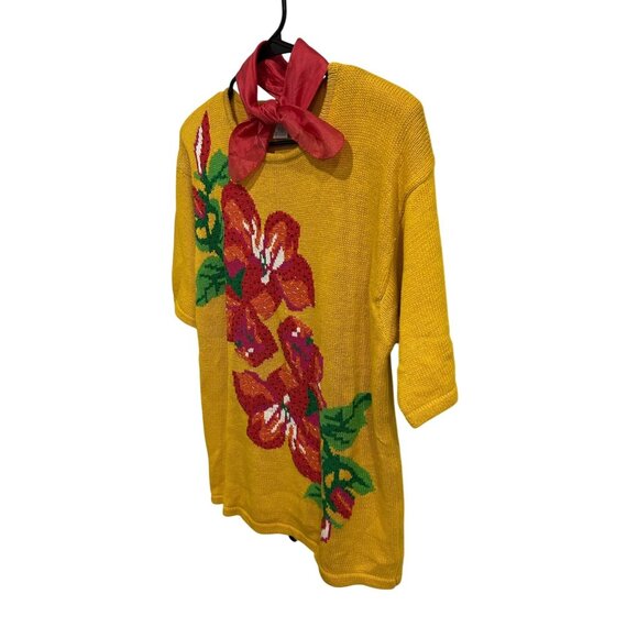 Vintage P.A. International Yellow Knit Top Red Floral Design Red Scarf Sz Large - Picture 3 of 9